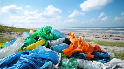A pile of plastic waste polluting a beautiful sandy beach, the clear blue sky in the background, illustrating the issue of plastic pollution