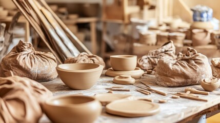 Fototapeta premium Clay pottery, unfinished ceramic bowls and teacups on a workbench in a pottery studio.