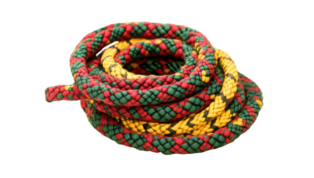 A tightly coiled rope, featuring a braided design in red, green, and yellow, rests on a black background
