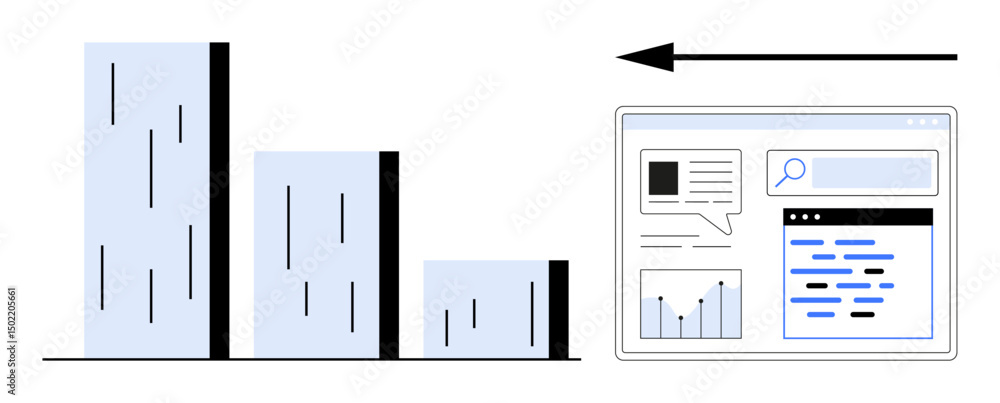 Aufkleber bar graph decreasing sequentially with an arrow pointing right toward a webpage displaying search, c