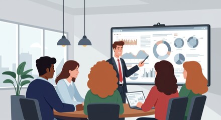 Flat illustration of businesspeople having a presentation meeting and analyzing report data