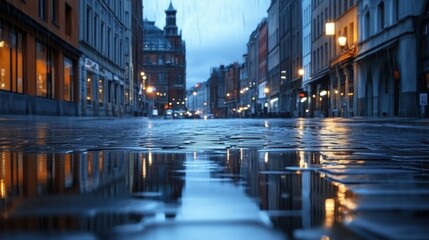 Fototapeta premium A rainy day in the city with a reflection on wet street. The scene captures the essence of urban life with a moody atmosphere