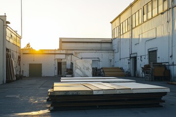 Industrial workspace with sun setting over stacked material sheets