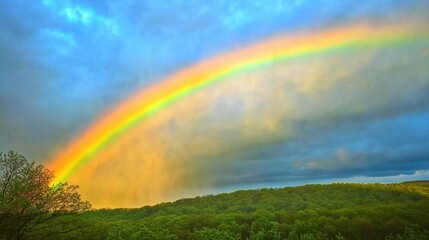 Obraz premium A vibrant rainbow arcs across the sky, illuminating a lush green landscape below