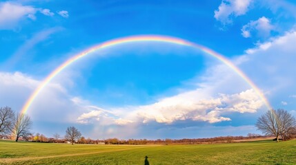 Fototapeta premium A vibrant rainbow arching across a clear blue sky, illuminating the landscape below
