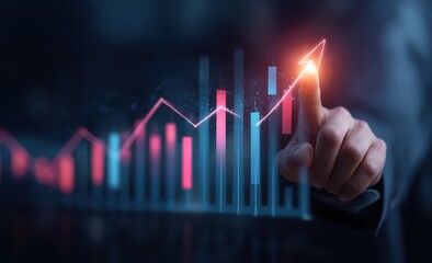 A hand interacts with a holographic bar graph showing upward trending growth, symbolized by a glowing arrow