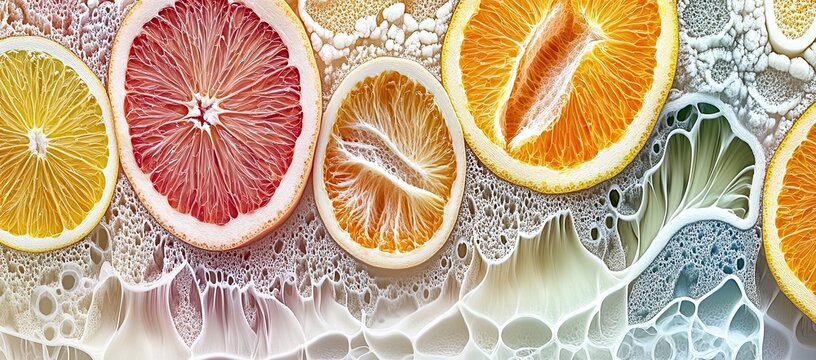 Colorful citrus slices in a bubbly abstract design