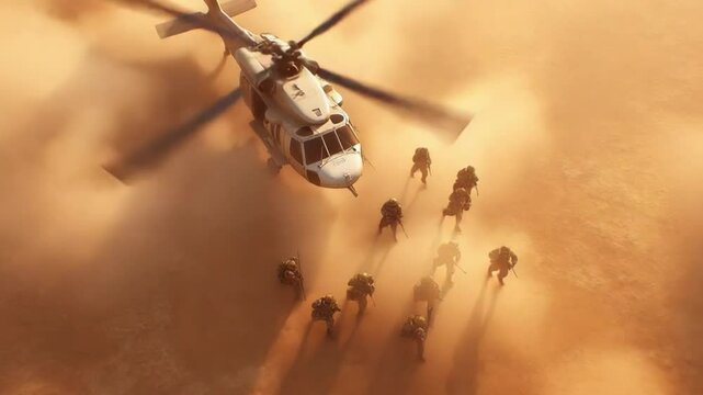 Aerial View of Helicopter and Soldiers in Dusty Landscape During Military Training Exercise