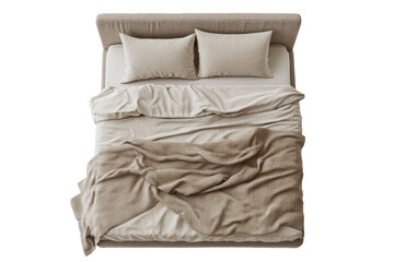 Obraz premium Overhead view of a neatly made bed with a beige duvet and pillows, slightly rumpled bedding suggesting recent use