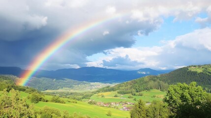 Fototapeta premium Rainbow arching over a picturesque mountain valley, bathed in sunlight. Lush green hills and fields stretch out beneath a partially cloudy sky.