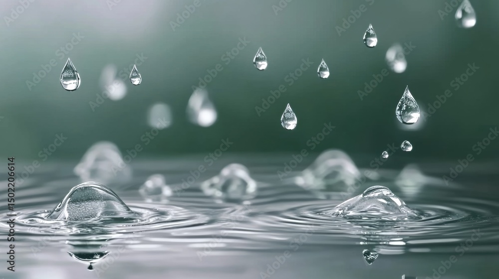 Poster raindrops impacting water surface, creating ripples and splashes, a captivating display of nature's 