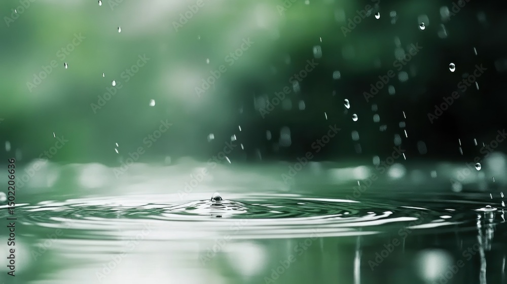 Poster a mesmerizing close-up shot of rain drops falling into the water creating ripples and reflecting the