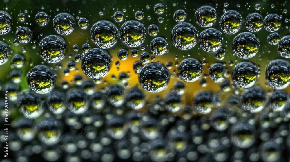 Poster captivating macro shot of water droplets creating reflections with beautiful nature behind. the wate
