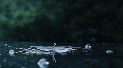 Captivating rain scene, showcasing the beauty of water drops, forming delicate ripples upon impact. The serene composition captures the essence of nature's artistry