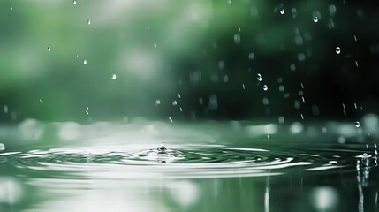 A mesmerizing close-up shot of rain drops falling into the water creating ripples and reflecting the greenery