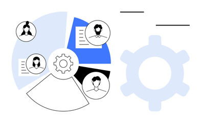 Circular chart displays team profiles with documents assigned to sections and gear symbolizes productivity. Ideal for teamwork, organization, optimization, planning, task management, collaboration
