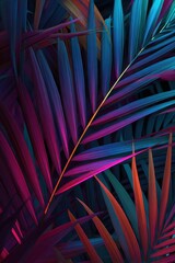 Vivid neon-hued palm fronds densely arranged, creating a vibrant, tropical, and textural composition with a dark background