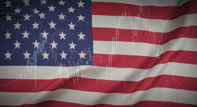 Waving American flag background overlaid with transparent financial stock market graphs
