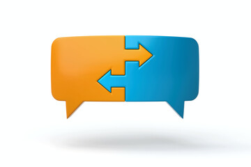 Speech bubbles puzzle with arrows inside, symbolizing two way communication, decision making, and business cooperation in minimal style, 3d rendering