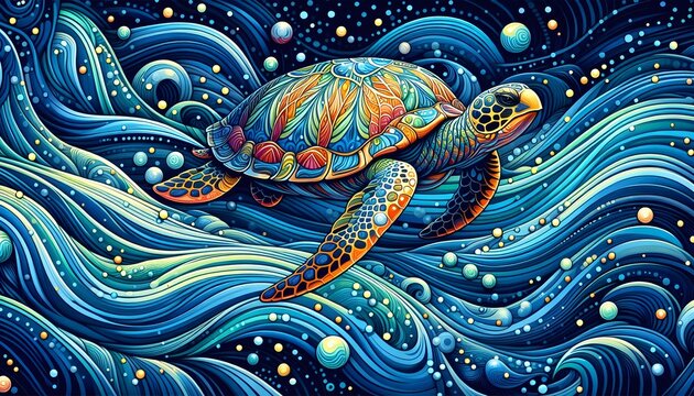 Stylized sea turtle with decorative shell gliding over abstract blue waves in festive colors for World Turtle Day