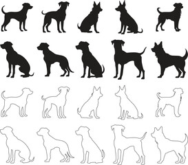 Dog icons set trendy black flat, outline styles. Wildlife signs. Animal silhouette symbols template for graphic and website designs vectors illustration collection isolated on transparent background.
