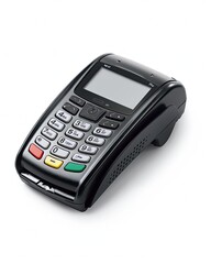Seamless Transactions A sleek black POS system ready for easy payments isolated on a bright white