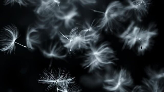 Abstract dreamy dandelion seeds floating on dark background artfully captures