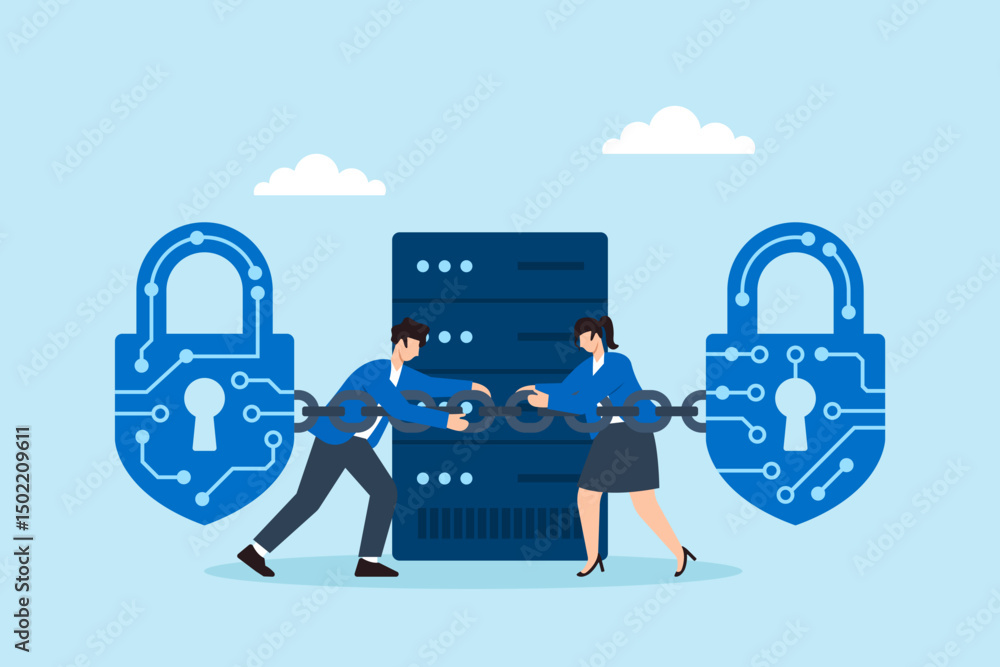 Poster flat illustration of two people locking digital padlocks with circuit chains around server for encry