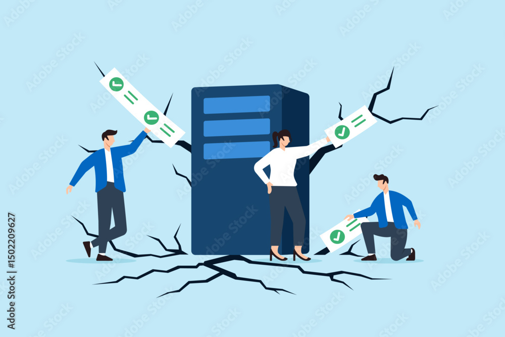 Poster flat illustration of three people sealing cracks around server with checklist tape to prevent data l