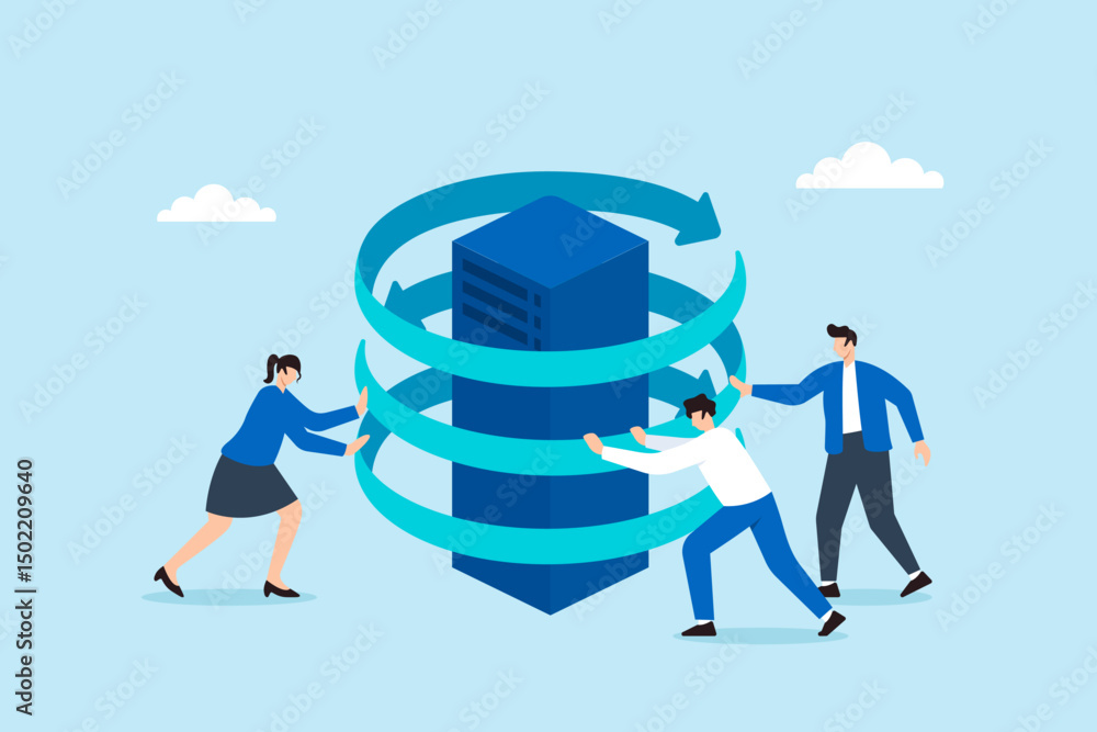 Aufkleber flat illustration of team rotating security rings around server to form digital shield for cybersecu