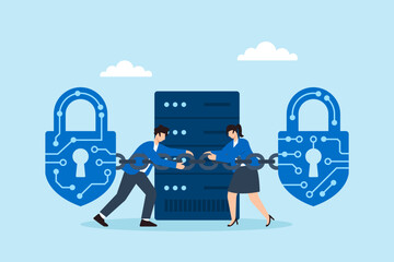 Flat illustration of two people locking digital padlocks with circuit chains around server for encrypted cybersecurity protection