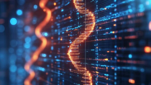 Abstract representation of DNA sequence and digital data processing network - Powered by Adobe