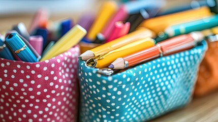 Colorful polka dot pencil cases overflowing with art supplies on a bright wooden surface soft