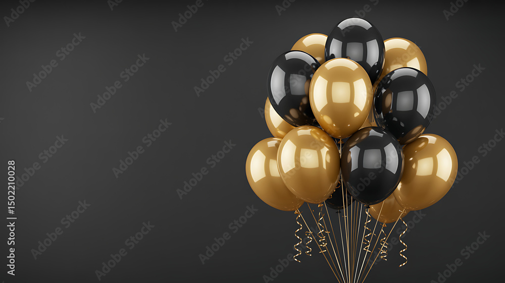 Poster minimalist festive concept with cluster of glossy black and golden balloons and golden streamers on 