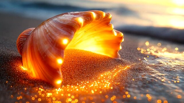 Illuminated seashell on the beach at sunrise