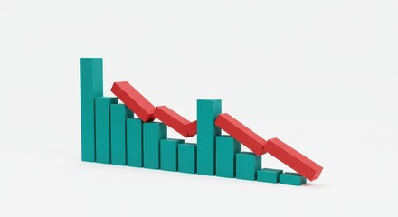Falling Bar Graph, Decreasing Sales Chart, 3D Render of Business Decline:  Financial Crisis, Economic Recession Illustration