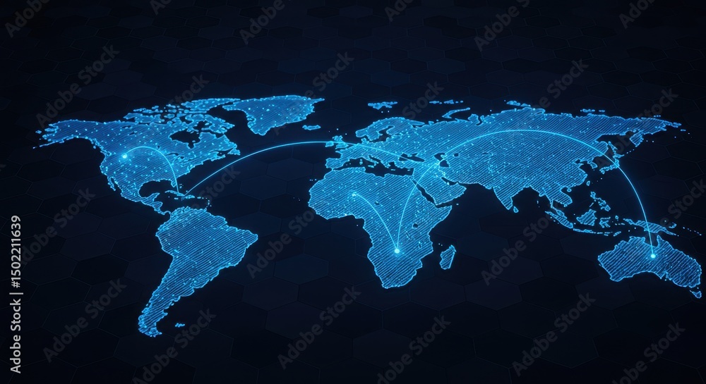 Poster global network connections: digital world map, futuristic technology background - abstract blue line