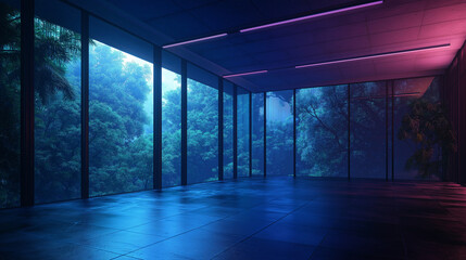 Fototapeta premium Anime manga style empty room with jungle view and hip-hop lights: a colorful and cozy lofi scene