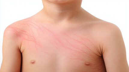 Measles outbreak-related skin condition on child's torso with red markings