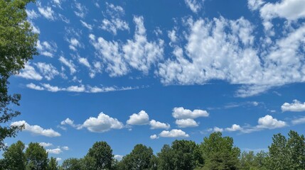Blue sky with scattered clouds over a line of green trees. The clouds are mostly white and fluffy, with some areas of darker blue sky showing through