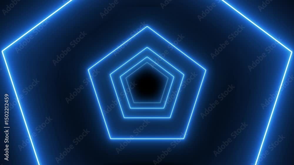 Poster neon tunnel with disco style stars motion graphic, camera fly in art space or tunnel with neon light