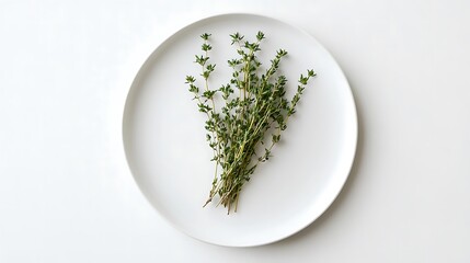 Sprig of Thyme on a White Plate