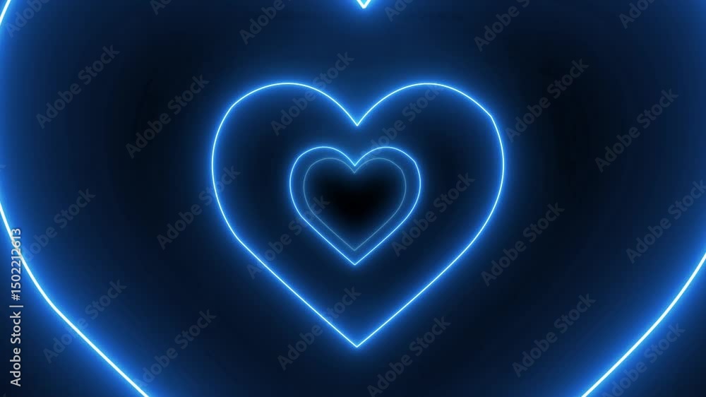 Poster abstract neon heart animation. beautiful hearts tunnel with light lines moving fast. different color