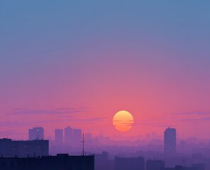 Silhouetted cityscape at sunset, hazy purple and pink sky, large sun low on the horizon