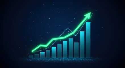 Green glowing bar chart and line graph showing business growth and financial success on dark background