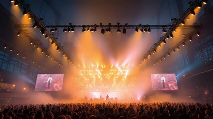 a thrilling scene at the main concert area as the audience moves in unison to rhythmic strobes while computer screens loop kaleidoscopic images.