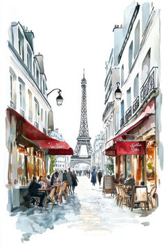 paris watercolor street scene eiffel background
