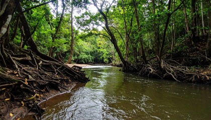 Forested river with exposed roots on banks, lush foliage, and a serene, natural landscape