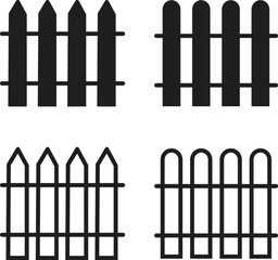 Fence, protection icons set black flat, outline styles. Garden, outdoor, house or yard signs vectors. Wall exterior boundary, wooden symbols for web and mobile app isolated on transparent background.