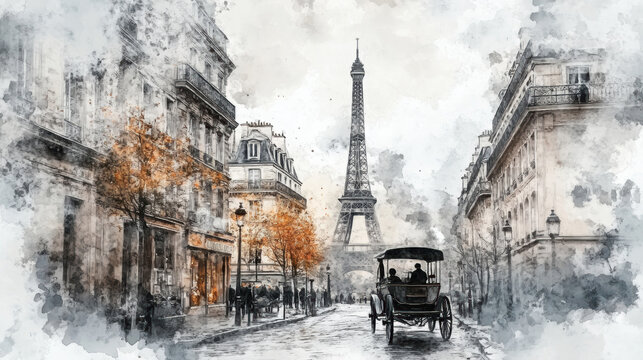paris watercolor street scene eiffel background